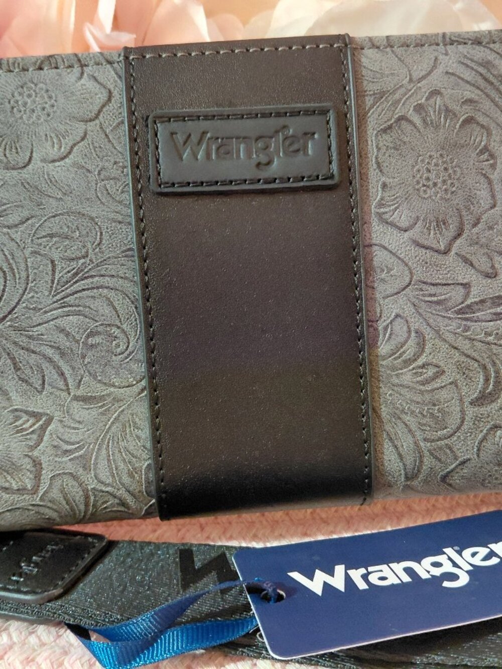 Wrangler Black Wallet Tooled Floral Zip Around Clutch RFID Blocking